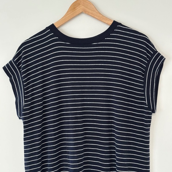 Women’s Midi Length Dress Navy With White Stripes Medium Short Sleeves - Picture 2 of 4